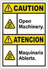 Image of Product. Front orientation. Labels. Illustrated Machine and Equipment Operation Labels , Caution—Open Machinery/Atencion—Maquinaria Abierta.