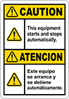 Image of Product. Front orientation. Labels. Illustrated Machine and Equipment Operation Labels , Caution—This Equipment Starts and Stops Automatically/Atencion—Este Equipo se Arranca y se Detiene Automaticamente.