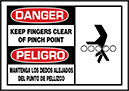Image of Product. Front orientation. Labels. Illustrated Machine and Equipment Operation Labels , Danger—Keep Fingers Clear of Pinch Point/Peligro—Mantenga los Dedos Alejados del Punto de Pellizco, Horizontal Orientation.