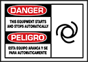Image of Product. Front orientation. Labels. Illustrated Machine and Equipment Operation Labels , Danger—This Equipment Starts and Stops Automatically/Peligro—Esta Equipo Aranca y se Para Automaticamente, Horizontal Orientation.