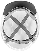 Image of ProductInUse. With Hard Hat (Sold Separately). Bottom orientation. Hard Hat Liners. Magnetic Hard Hat Chip Catchers.