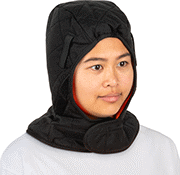 Image of ProductInUse. Front orientation. Hard Hat Liners. Flame- and Arc-Flash-Protection Hard Hat Liners, Covers Head, Nape, and Neck, Two Layers of Insulation, Warming Pad Slots.