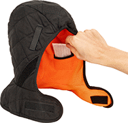 Image of ProductInUse. Warming Pad Slot (Warming Pads Sold Separetely). Front orientation. Warming Pad Slots. Flame- and Arc-Flash-Protection Hard Hat Liners.