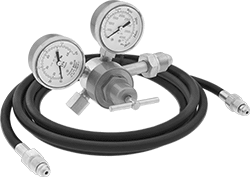 Image of Product. Female Outlet × Male Inlet with Hose. Front orientation. Pressure-Regulating Valves. Tank-Mount Pressure-Regulating Valves with Flowmeter for Inert Gas, Female Outlet, Male Inlet, UNF Outlet Thread, Single Stage, Brass Body, Neoprene Diaphragm, 10-ft. long, 3/16" dia. hose with 5/8"-18 male fittings on both ends.