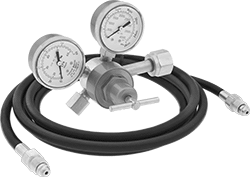 Image of Product. Female Outlet × Female Inlet with Hose. Front orientation. Pressure-Regulating Valves. Tank-Mount Pressure-Regulating Valves with Flowmeter for Inert Gas, Female Outlet, UNF Outlet Thread, Female Inlet, Single Stage, Brass Body, Neoprene Diaphragm, 10-ft. long, 3/16" dia. hose with 5/8"-18 male fittings on both ends.