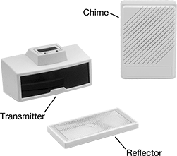 Image of Product. Front orientation. Contains Annotated. Audible Alarms. Motion-Sensing Door Chimes.