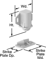 Image of Product. Style 1. Front orientation. Contains Annotated. Push-to-Close Latches. Roller Latches, Surface Mount—Screw On, Style 1.