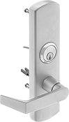 Image of Product. Front orientation. Door Handles and Knobs. Impact-Resistant Push Bars, Key Locking Lever.
