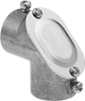 Image of Product. Screw-Clamp Connection with Removable Cover. Front orientation. Conduit and Fittings. Thin-Wall (EMT) Metal Conduit and Fittings, Connector Fitting, 90° Elbow, Screw-Clamp Conduit Connection, Removable Cover.