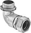Image of Product. Compression × Threaded. Front orientation. Conduit and Fittings. Thin-Wall (EMT) Metal Conduit and Fittings, Connector Fitting, 90° Elbow, Compression Conduit Connection × Threaded Knockout Connection.