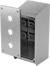Image of Product. Raised Mount with Overhanging Roof. Front orientation. Exploded view. Electrical Enclosures. Sanitary Push-Button Enclosures, Raised Mount with Overhanging Roof, Lift-Off Cover.