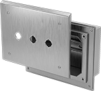 Image of Product. Recessed Mount. Front orientation. Exploded view. Electrical Enclosures. Sanitary Push-Button Enclosures, Recessed Mount, Lift-Off Cover.