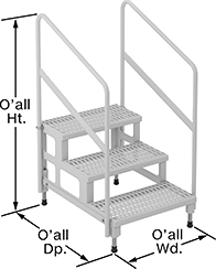 Image of Product. Front orientation. Contains Annotated. Work Platforms. Work Platforms, With 3 Steps and Handrail, Partially Assembled.