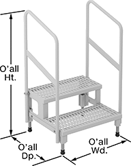 Image of Product. Front orientation. Contains Annotated. Work Platforms. Work Platforms, With 2 Steps and Handrail, Partially Assembled.