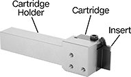 Image of System. Shown with Cartridge (Sold Separately) and Insert (Not Included). Front orientation. Contains Annotated. Lathe Tool Insert Holders. Quick-Change Shank-Style Cartridge Holders for Cutoff, Profiling, and Grooving Lathe Tool Inserts with Two Cutting Edges.