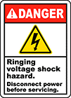 Image of Product. Front orientation. Labels. Illustrated Electrical Hazard Labels , Danger—Ringing Voltage Shock Hazard Disconnect Power Before Servicing.