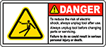 Image of Product. Front orientation. Labels. Illustrated Electrical Hazard Labels , Danger—To Reduce the Risk of Electric Shock Always Unplug Tool After Use Always Unplug Tool Before Changing Parts or Servicing.