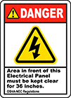 Image of Product. Front orientation. Labels. Illustrated Electrical Hazard Labels , Danger—Area in Front of This Electrical Panel Must Be Kept Clear for 36 Inches OSHA-NEC Regulations.