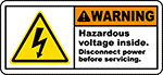 Image of Product. Front orientation. Labels. Illustrated Electrical Hazard Labels , Warning—Hazardous Voltage Inside Disconnect Power Before Servicing.
