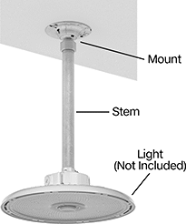 Image of ProductInUse. Mount Shown Installed. Front orientation. Contains Annotated. Light Hangers. Stem-Mounting Light Hangers.