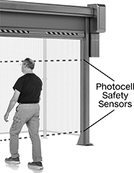 Image of ProductInUse. Door Installed with Machine Guard (Not Included). Front orientation. Contains Annotated. Machine Guards. Automatic Roll-Up Machine Guard Doors.