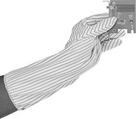Image of ProductInUse. Front orientation. Gloves. Heat-Protection Static-Dissipative Gloves, Polyester Fabric with Grounding Snap.