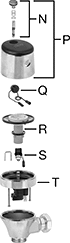 Image of System. For Touch-Free 624B Model. Front orientation. Exploded view. Contains Annotated. Flush Valve Replacement Parts. American Standard Flush Valve Replacement Parts, Cover and Body Components.