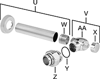 Image of System. Front orientation. Exploded view. Contains Annotated. Flush Valve Replacement Parts. American Standard Flush Valve Replacement Parts, Control Stop and Tailpiece Components.