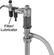 Image of Product. Front orientation. Contains Annotated. Drum Pumps. Air-Powered Drum Pumps with Hose and Filter/Lubricator for Water, Oil, Coolants, and Chemicals.