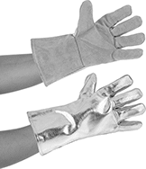 Image of ProductInUse. Rayon Backing. Side1 orientation. Rayon Backing. Heat-Reflective Aluminized Welding Gloves.