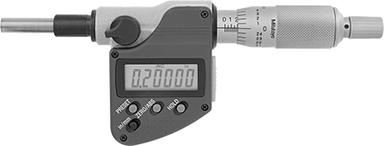 Image of Product. Front orientation. Mitutoyo Electronic Micrometer Head, with Rotating Flat Tip Spindle and Certificate, Model 350-351-32.
