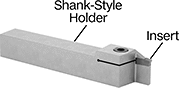 Image of ProductInUse. Shown with Shank-Style Holder (Sold Separately). Front orientation. Contains Annotated. Lathe Tool Inserts. Cutoff, Profiling, and Grooving Lathe Tool Inserts with Two Cutting Edges.