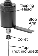 Image of System. Front orientation. Exploded view. Contains Annotated. Tapping Heads. Jacobs Taper Auto-Reversing Tapping Heads.