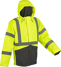 Image of Product. Nylon-Coated Polyester—High Visibility. Front orientation. Jackets. Rain Jackets, Nylon Coating, Polyester Fabric.