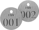 Image of Product. Front orientation. Tags. Sequentially Numbered Metal Tags for Water Lines, HW.