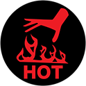 Image of Product. Front orientation. Labels. Temperature-Indicating "Hot" Labels .