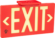 Image of Product. Exit with Arrow—Red with Glow-in-the-Dark Green Message. Front orientation. Signs. Multimount Glow-in-the-Dark Exit Signs, Exit with Arrow—Red with Glow-in-the-Dark Green Message.