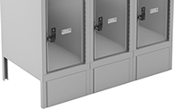 Image of ProductInUse. Front Bases Shown Installed. Front orientation. ZoomedIn view. Locker Bases. See-Through Lockers, Front Base.