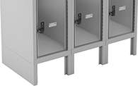 Image of ProductInUse. End Base Shown Installed. Front orientation. ZoomedIn view. Locker Bases. See-Through Lockers, End Base.