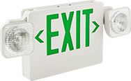 Image of Product. Style B with Green Message. Front orientation. Signs. Backlit Exit Signs with Emergency Lights, Exit with Arrow (Green Message), Style C.