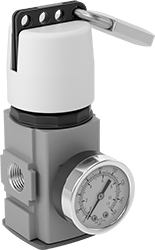 Image of ProductInUse. Shown Installed (Padlock Not Included). Front orientation. Compressed Air Regulator Locks. Tamper-Resistant Padlockable Covers for Parker Modular Compressed Air Regulators.