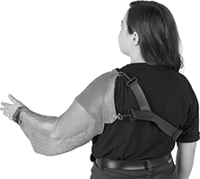 Image of ProductInUse. Sleeve with Shoulder Cover (Back). Back orientation. Arm Sleeves. Chainmail Cut-Protection Arm Sleeves, Sleeve With Shoulder Cover.