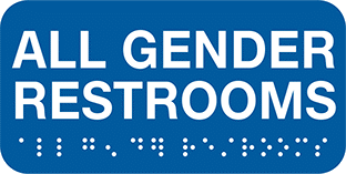 Image of Product. Front orientation. Restroom Sign, Blue, (All Gender. . .), 3" High, 6" Wide.