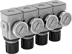 Image of System. Four Manifolds Shown Connected (Each Sold Separately). Front orientation. Compressed Air Regulator Manifolds. Parker Modular Compressed Air Regulator Manifolds.