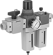 Image of Product. Front orientation. Compressed Air Filter/Regulator/Lubricators. Parker Modular Compressed Air Filter/Regulator/Lubricators (FRLs) , Safety Lockout Valve, Stacked Components.