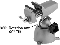 Image of Product. Front orientation. Contains Annotated. Vises. Tilting-Head Bench Vises, With Flat Jaws, Bolt On, 2 1/2" Wide Jaw.