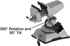 Image of Product. Front orientation. Contains Annotated. Vises. Tilting-Head Bench Vises, With Flat Jaws, Suction Mount.
