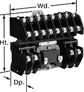 Image of Attribute. Front orientation. Contains Annotated. Lighting Relays. High-Current Lighting Relays, Electrically Held, 12 Circuits Controlled.