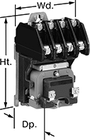 Image of Attribute. Front orientation. Contains Annotated. Lighting Relays. High-Current Lighting Relays, Electrically Held, 4 Circuits Controlled.