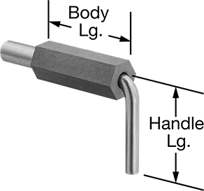 Image of Product. Front orientation. Contains Annotated. L-Handle Weld-on Retractable Spring Plunger, with 0.24" Diameter Steel Nose.